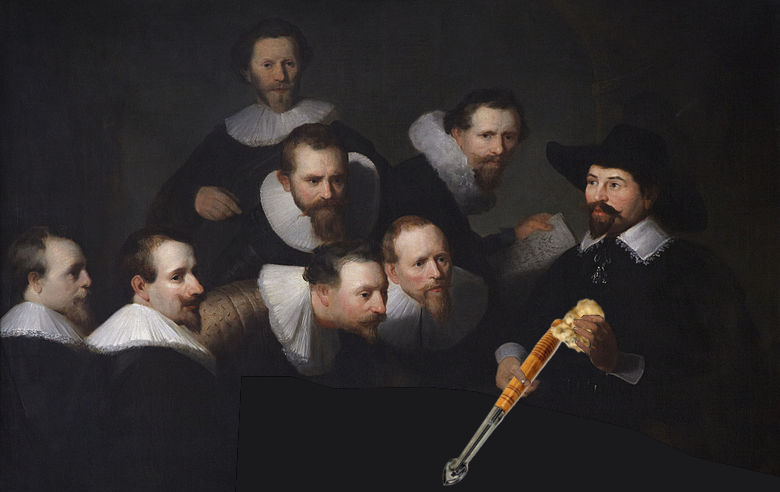 Reinterpretazione del dipinto di Rembrandt "lezione di anatomia" con il dottor Tulp che tiene un tartufo e un vanghetto nelle mani al posto di fobici e bisturi